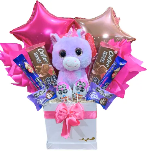 box con peluche unicornio globos y chocolates 